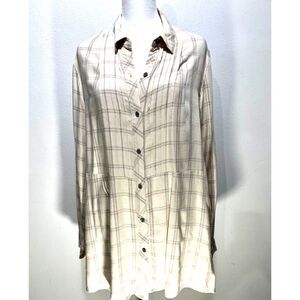 J. jill flannel button up shirt neutral beige plaid lagenlook tunic flare womenM